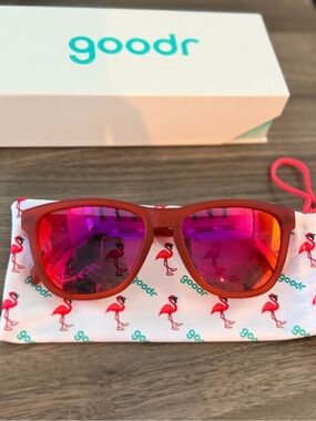 goodr Women’s Red Frame Sunglasses with Pink Mirrored Lenses